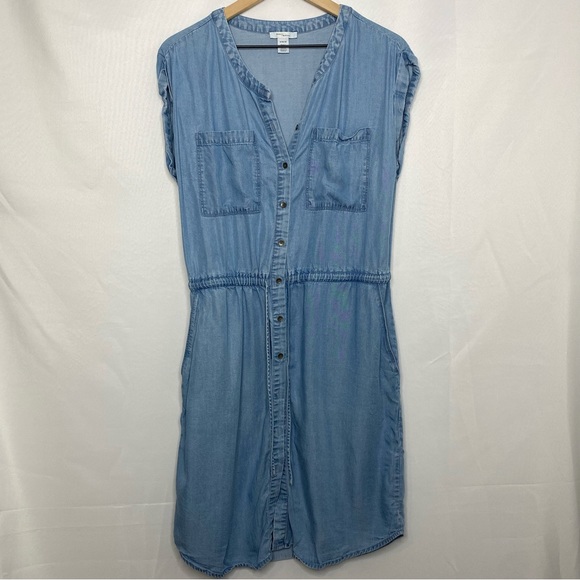 Anthropologie Daily Ritual Utility Dress 8 Medium Blouson Lyocell Blue Chambray - Picture 2 of 11